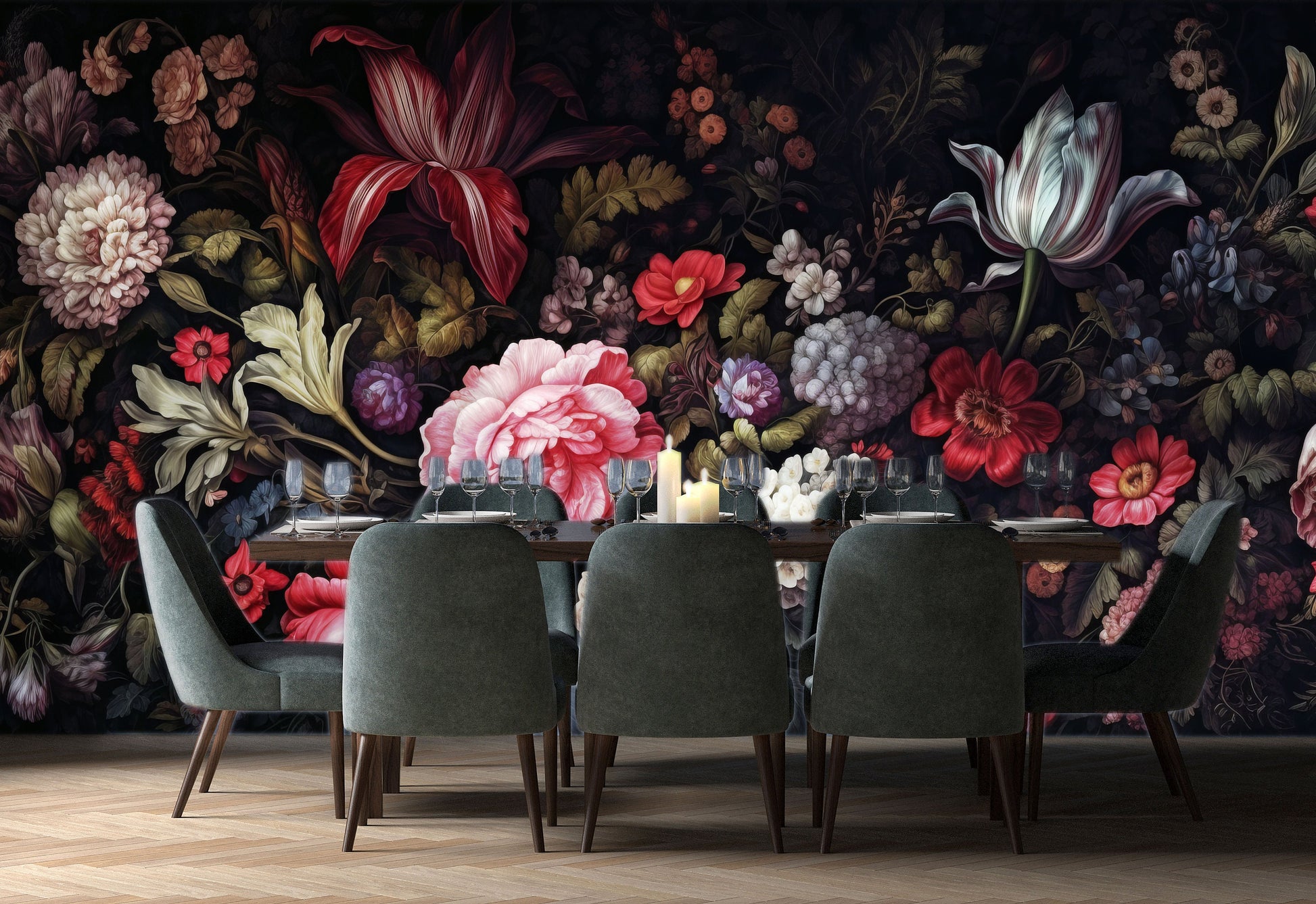 Watercolor Dark Peony Floral Floral Wallpaper – room setting, Golden Era Walls