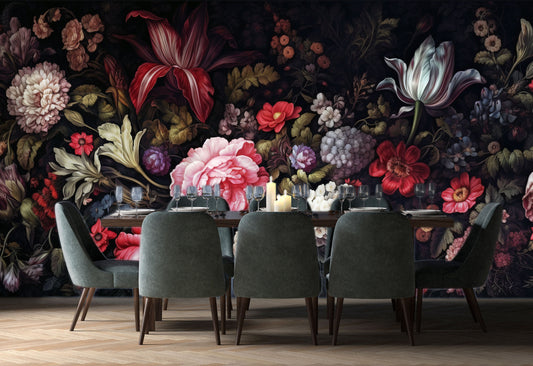 Watercolor Dark Peony Floral Floral Wallpaper – room setting, Golden Era Walls