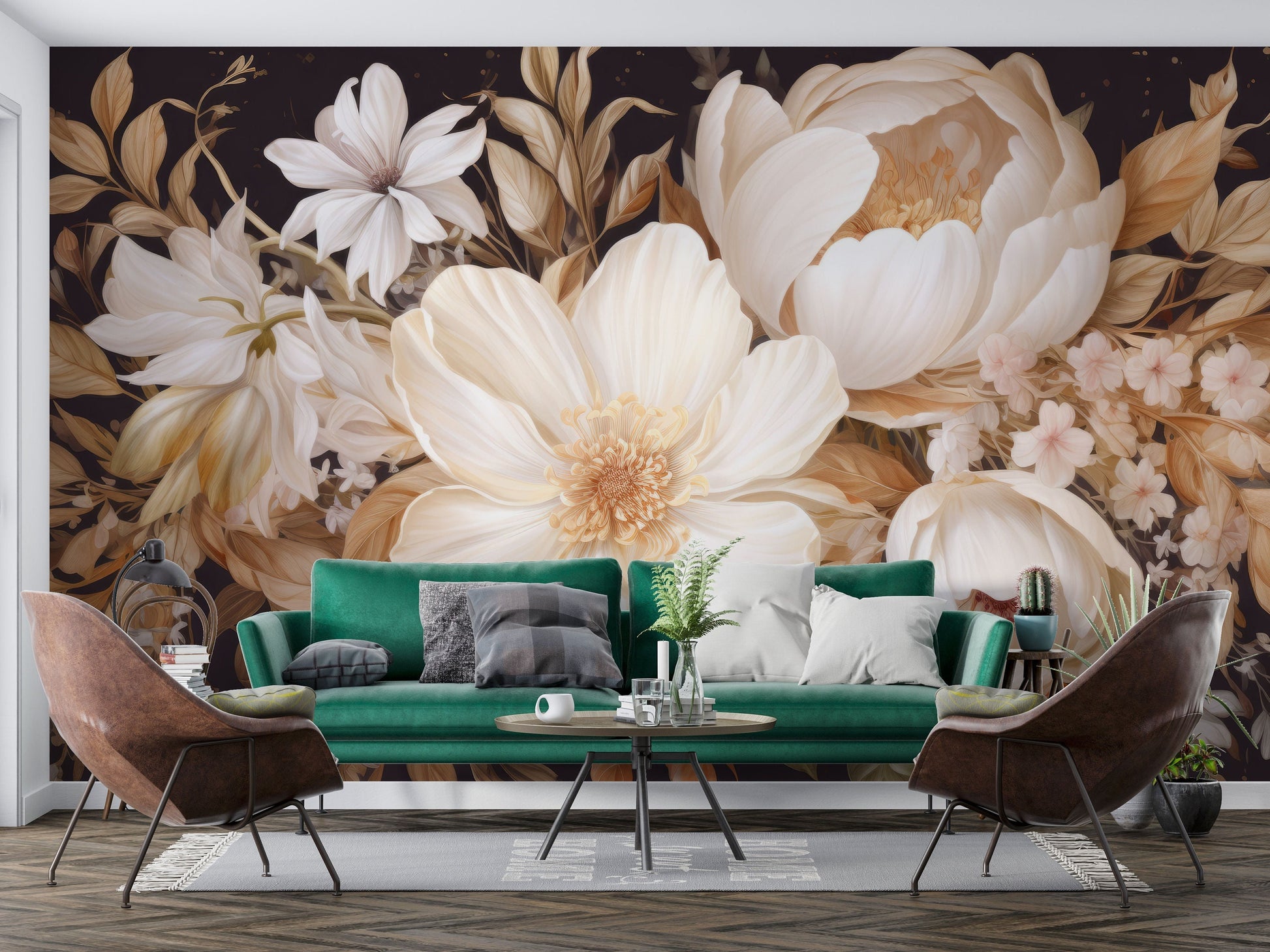 Watercolor Soft Floral Elegance Floral Wallpaper – room setting, Golden Era Walls
