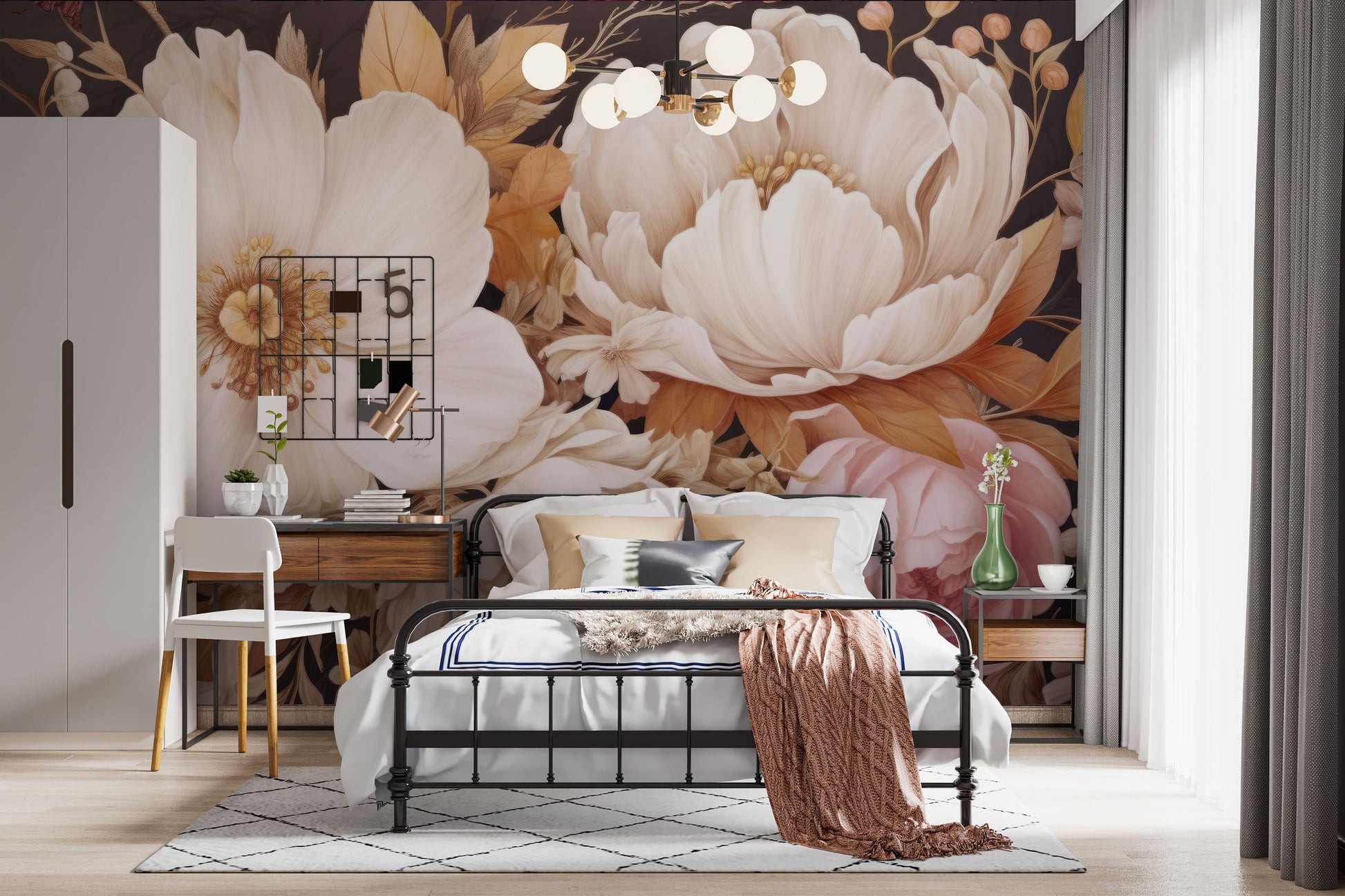 Watercolor Soft Floral Pastel Floral Wallpaper – room setting, Golden Era Walls