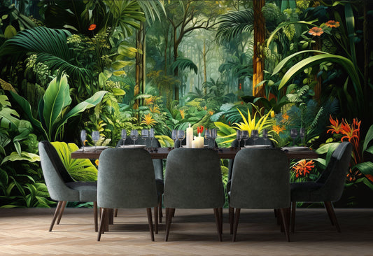Tropical Forest Watercolor Jungle Tropical Wallpaper – lifestyle view, Golden Era Walls