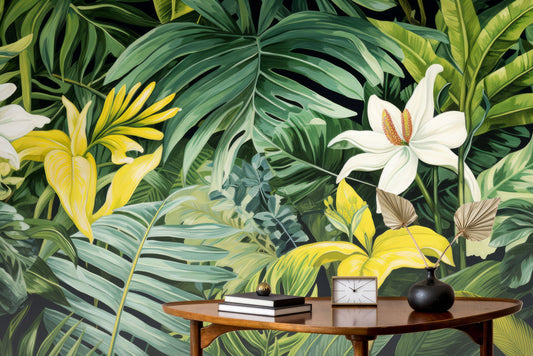 Tropical Green Leaves Tropical Wallpaper – room setting, Golden Era Walls