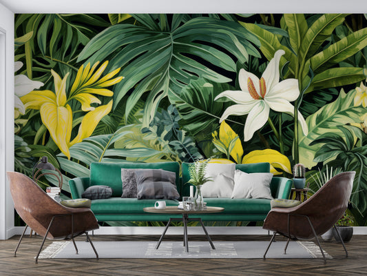 Tropical Green Leaves Tropical Wallpaper – peel and stick wallpaper mural, Golden Era Walls