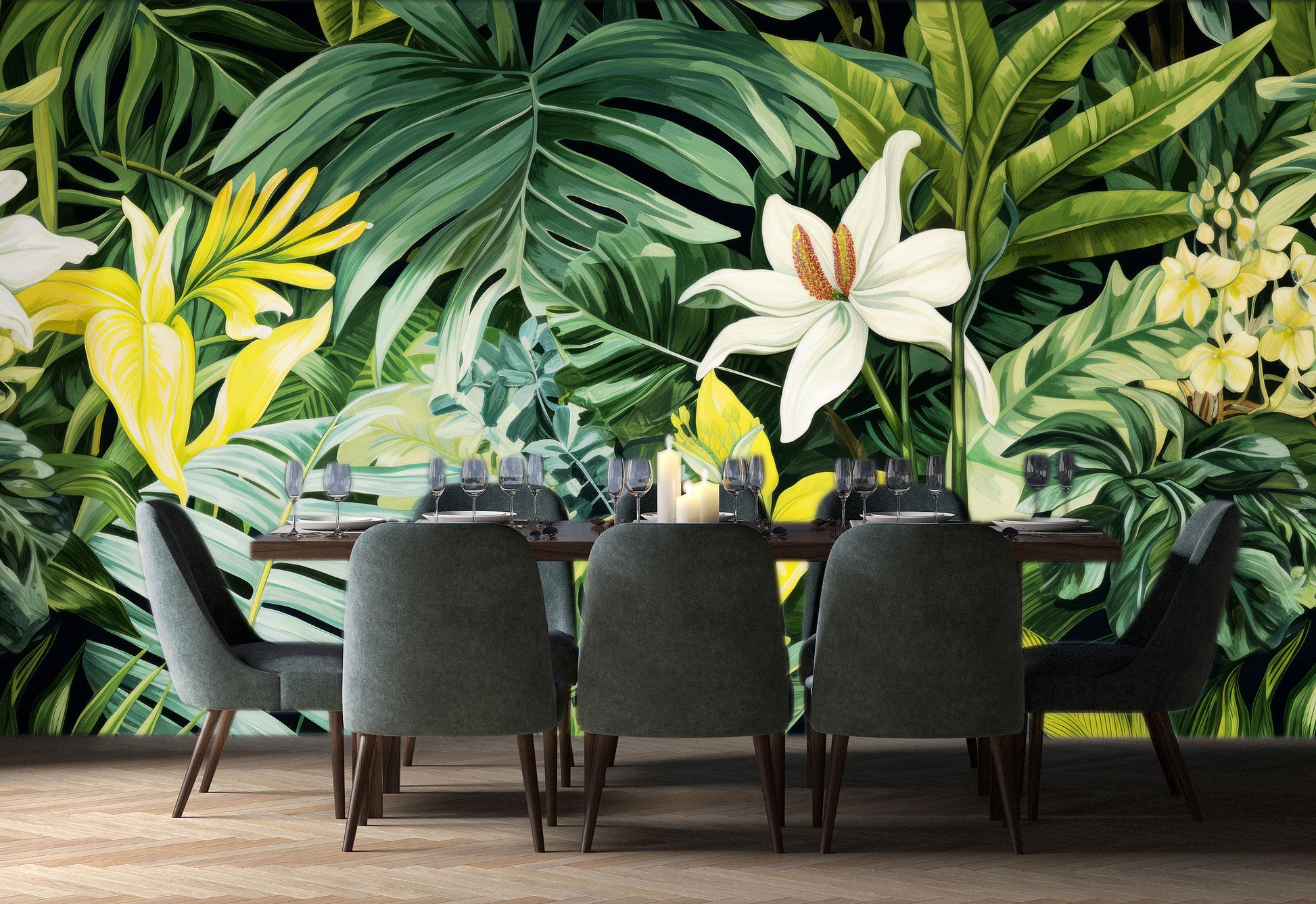 Tropical Green Leaves Tropical Wallpaper – detail view, Golden Era Walls