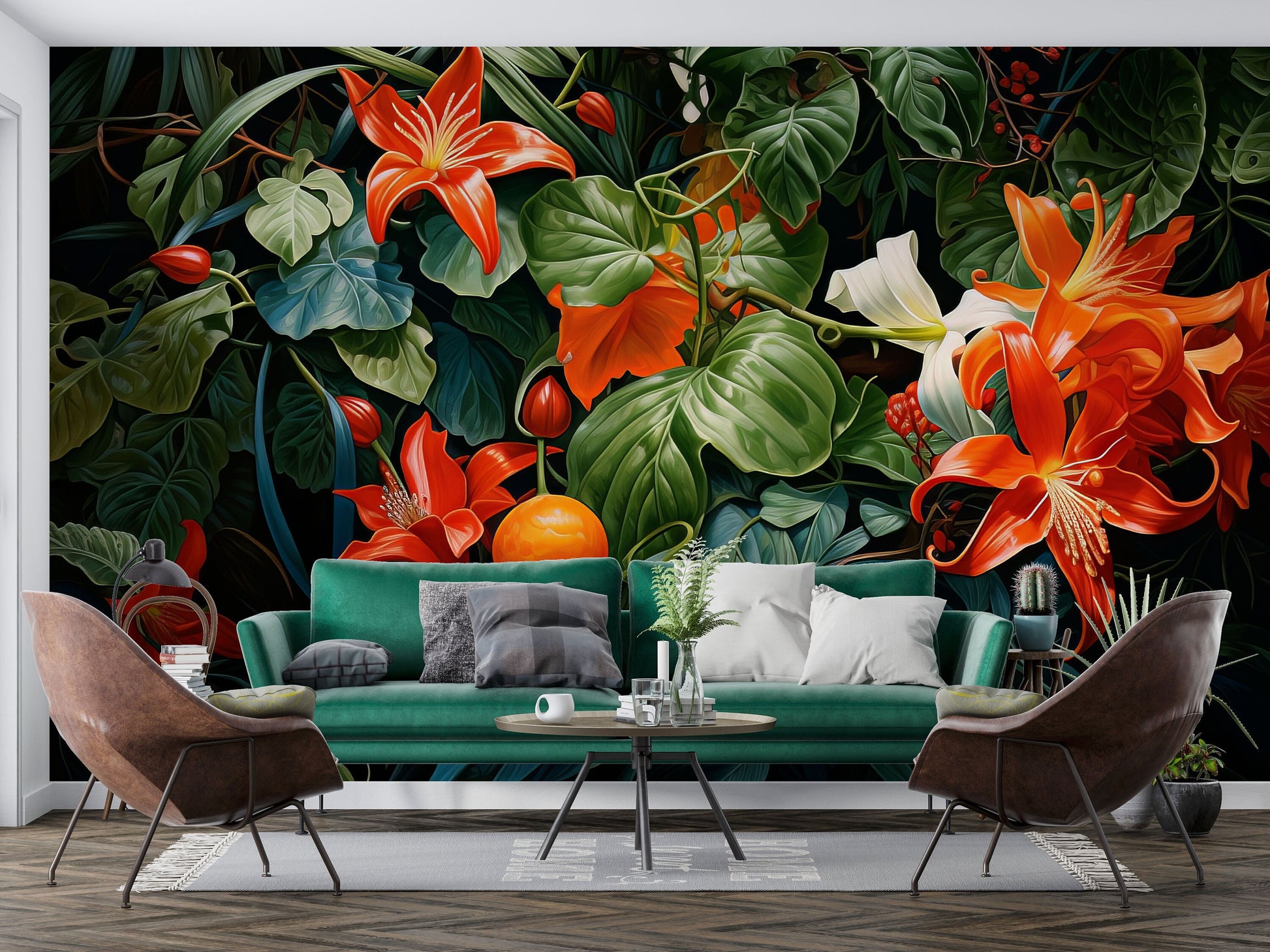 Tropical Rainforest Palm Tree Tropical Wallpaper – room setting, Golden Era Walls
