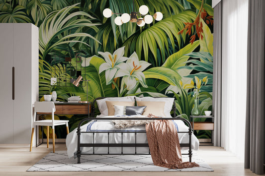 Vintage Tropical Leaf Watercolor Floral Wallpaper – lifestyle view, Golden Era Walls