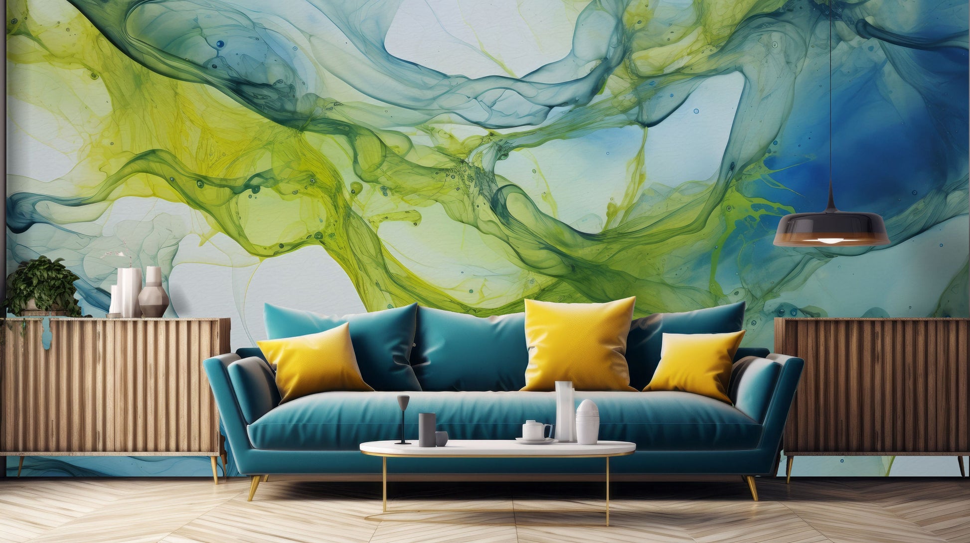 Abstract Alcohol Ink Painting Marble Wallpaper – room setting, Golden Era Walls