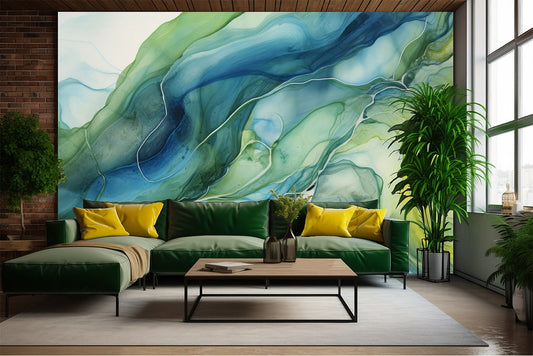 Vibrant Alcohol Ink Abstract Geometric Wallpaper – room setting, Golden Era Walls