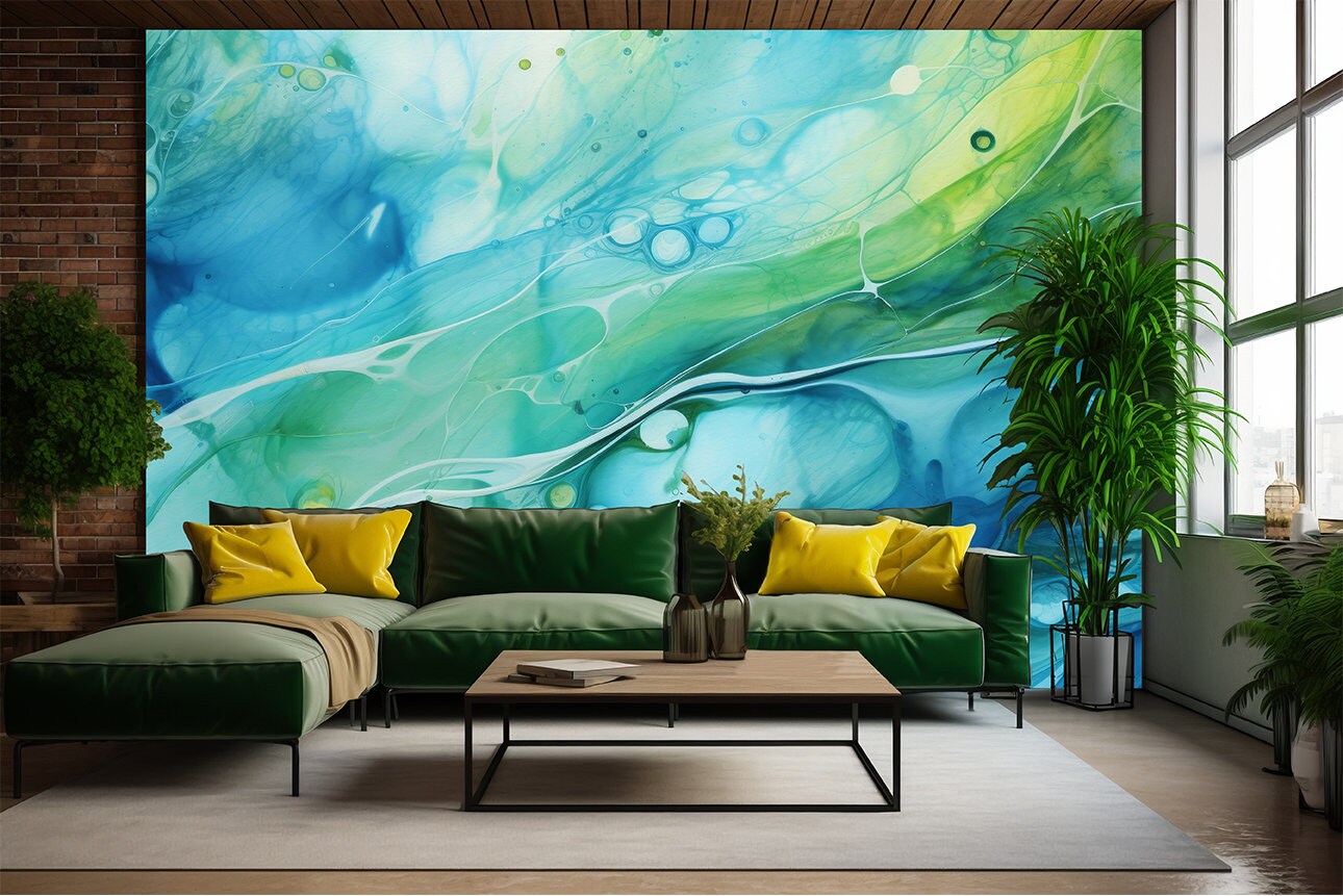 Vivid Alcohol Ink Abstract Marble Wallpaper – room setting, Golden Era Walls