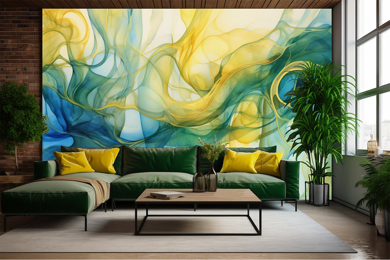Watercolor Abstract Blue Green Marble Wallpaper – lifestyle view, Golden Era Walls