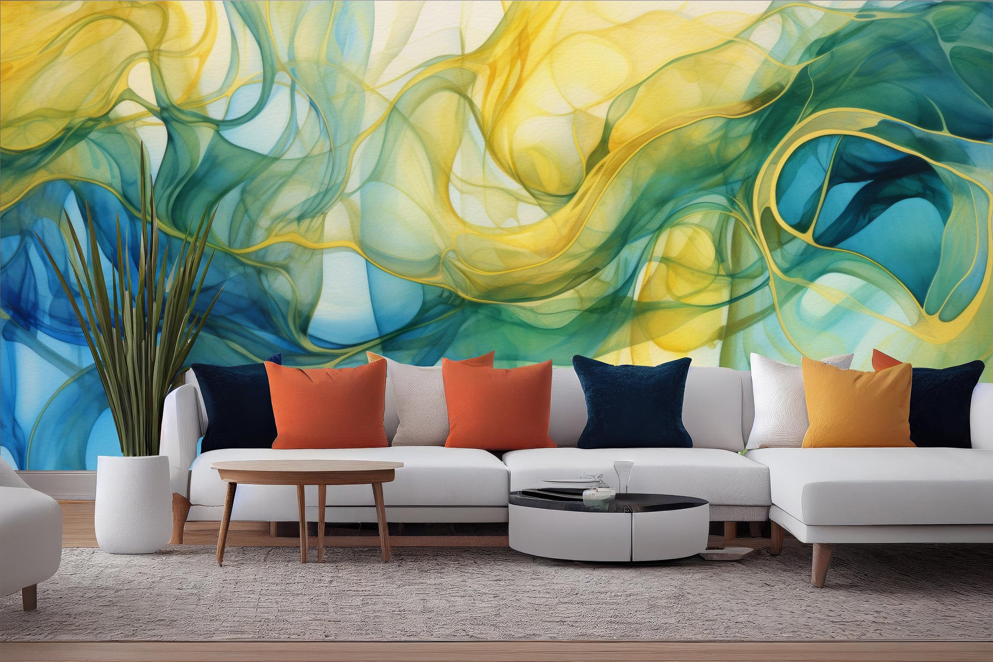 Watercolor Abstract Blue Green Marble Wallpaper – scale reference, Golden Era Walls