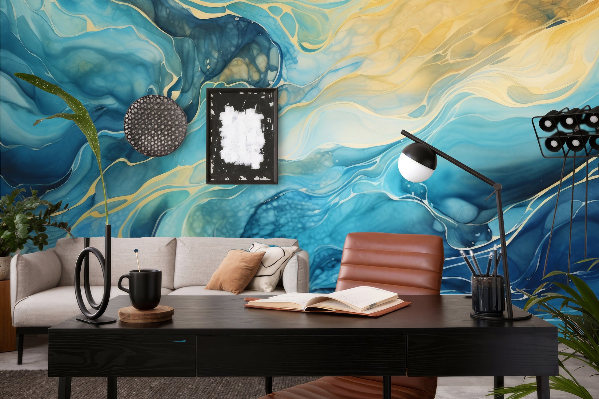 Fluid Art Abstract Modern Geometric Wallpaper – lifestyle view, Golden Era Walls