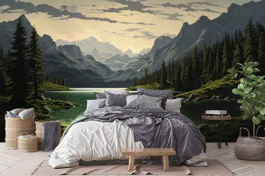 Watercolor Foggy Forest Woodland Wallpaper – room setting, Golden Era Walls