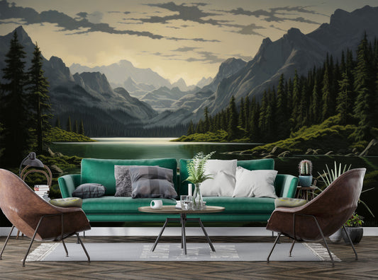 Watercolor Foggy Forest Woodland Wallpaper – lifestyle view, Golden Era Walls