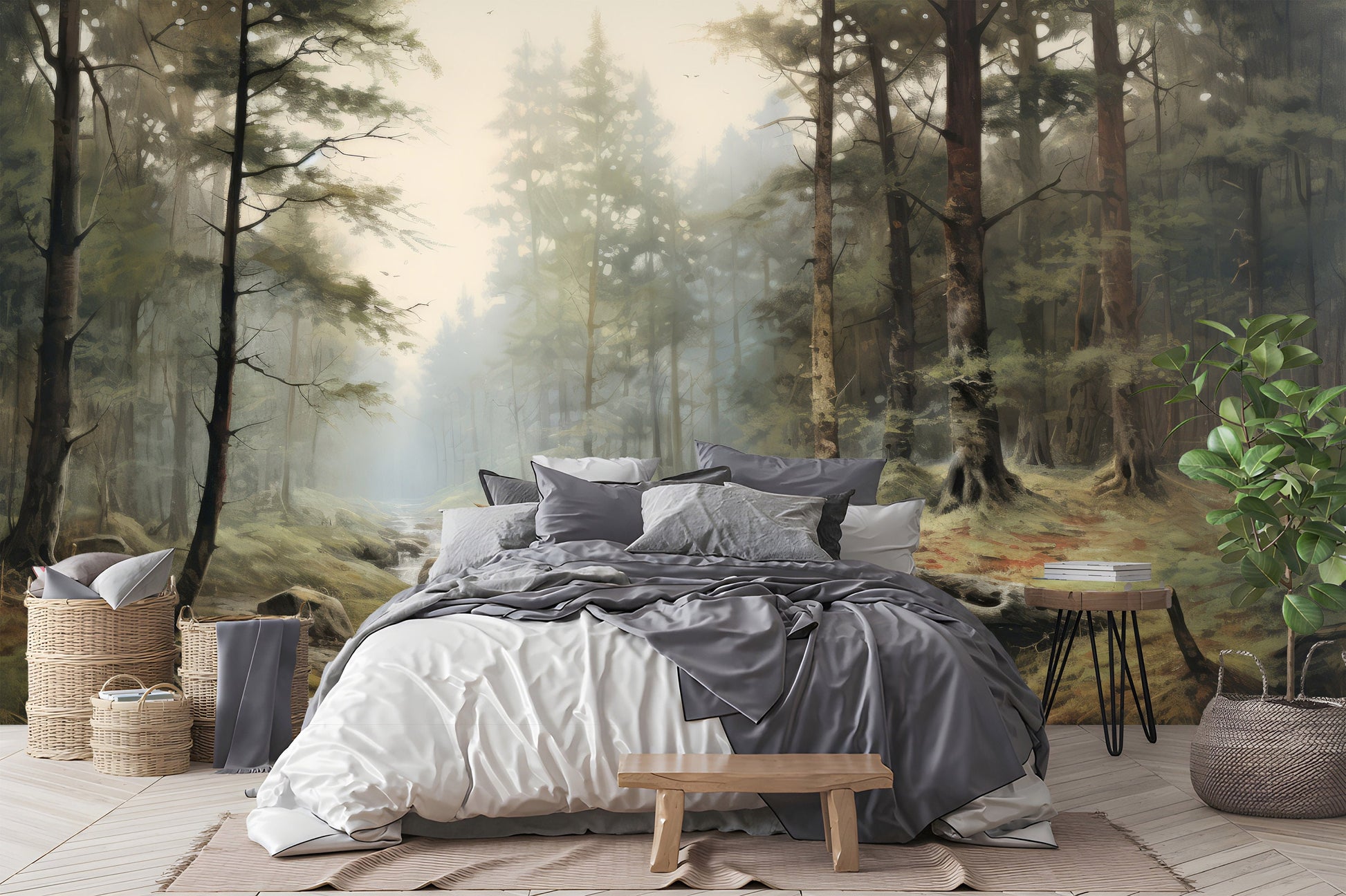 Foggy Forest Decor Vintage Wallpaper – lifestyle view, Golden Era Walls