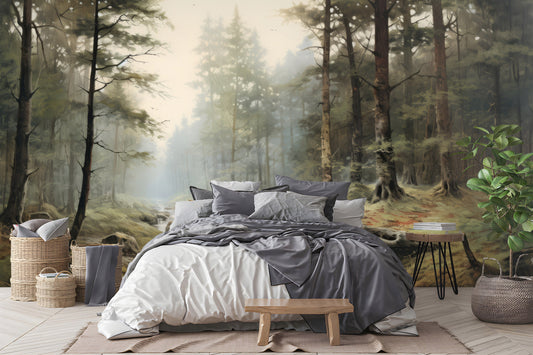 Foggy Forest Decor Vintage Wallpaper – lifestyle view, Golden Era Walls