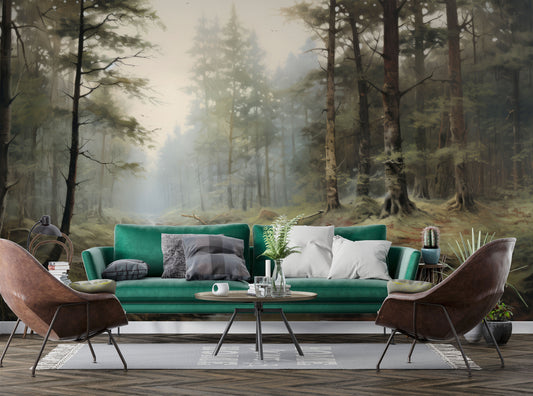 Foggy Forest Decor Vintage Wallpaper – room setting, Golden Era Walls