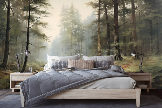 Foggy Forest Decor Vintage Wallpaper – peel and stick wallpaper mural, Golden Era Walls