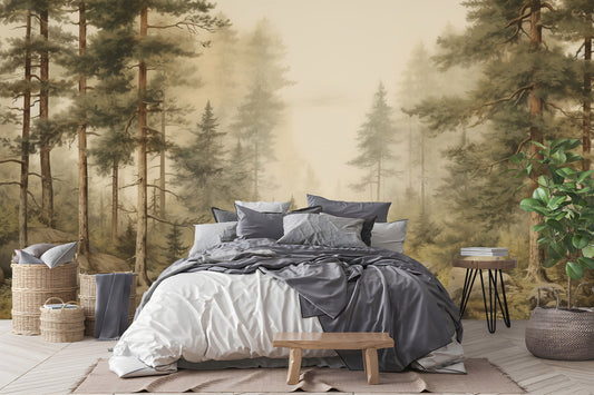 Foggy Forest Decor Vintage Wallpaper – detail view, Golden Era Walls