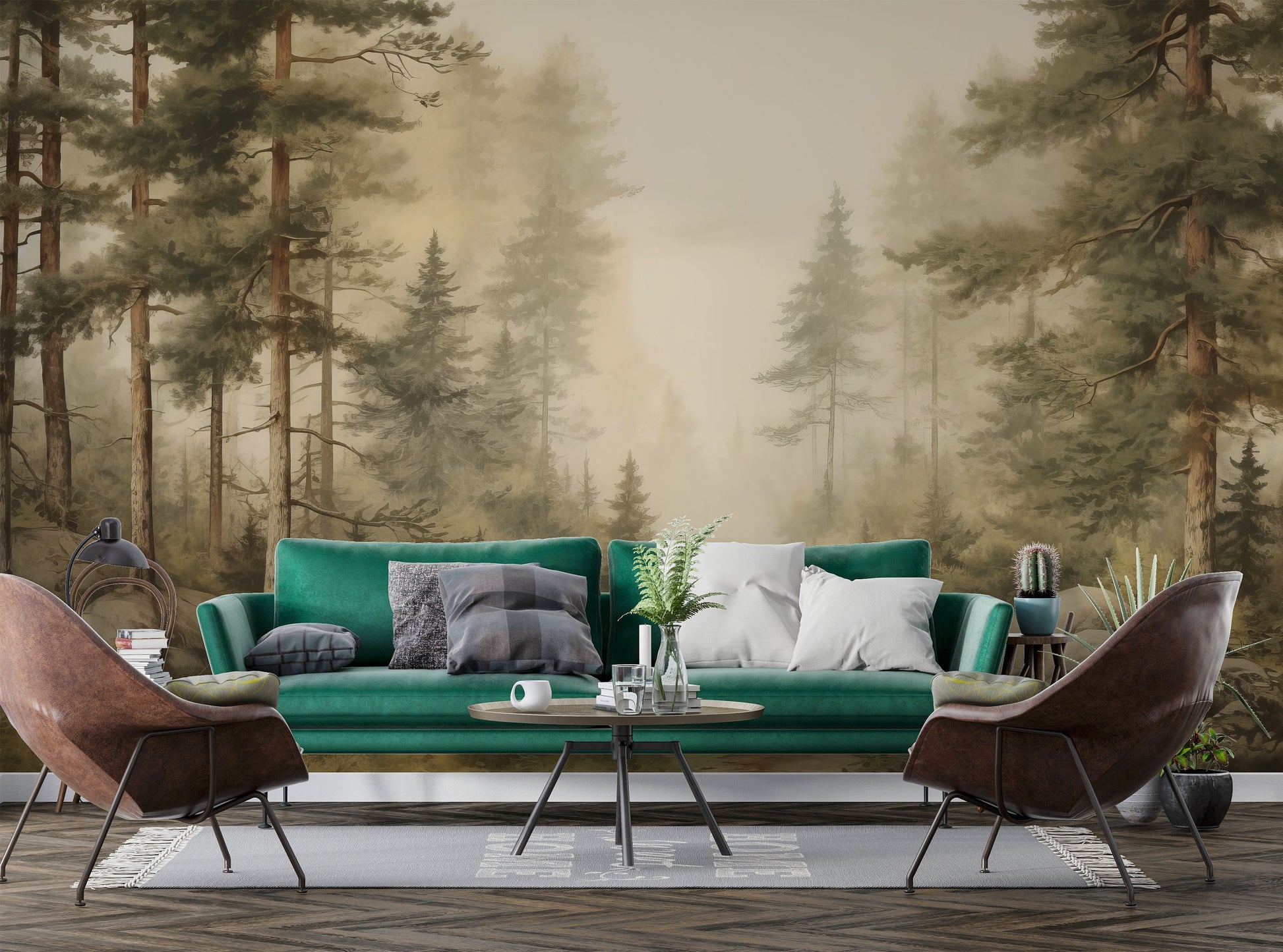 Foggy Forest Decor Vintage Wallpaper – scale reference, Golden Era Walls