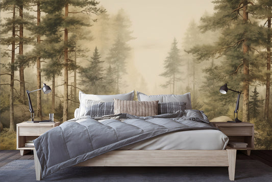 Foggy Forest Decor Vintage Wallpaper – lifestyle view, Golden Era Walls