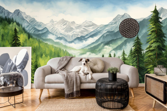 Forest Mountain Trees Decor Wallpaper – room setting, Golden Era Walls