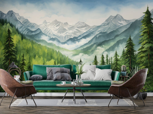 Forest Mountain Trees Decor Wallpaper – detail view, Golden Era Walls