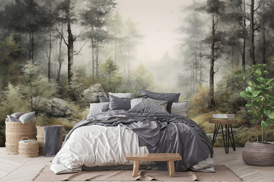 Forest Foggy Landscape Decor Wallpaper – peel and stick wallpaper mural, Golden Era Walls