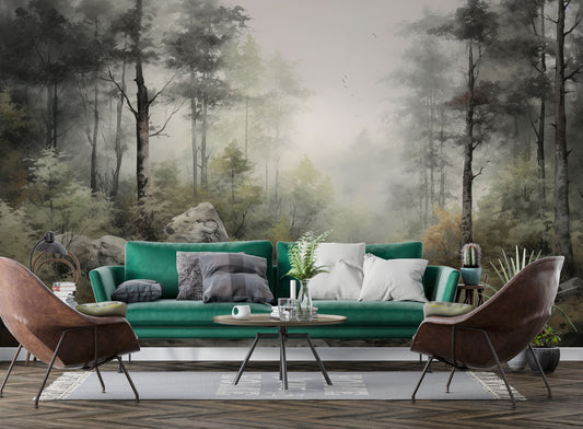 Forest Foggy Landscape Decor Wallpaper – room setting, Golden Era Walls