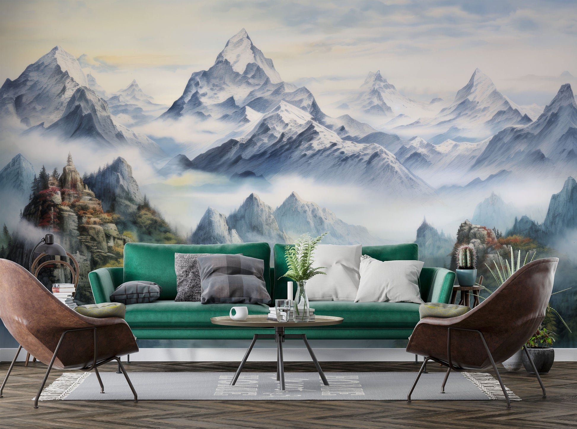 Mountain Trees Forest Pine Wallpaper – scale reference, Golden Era Walls