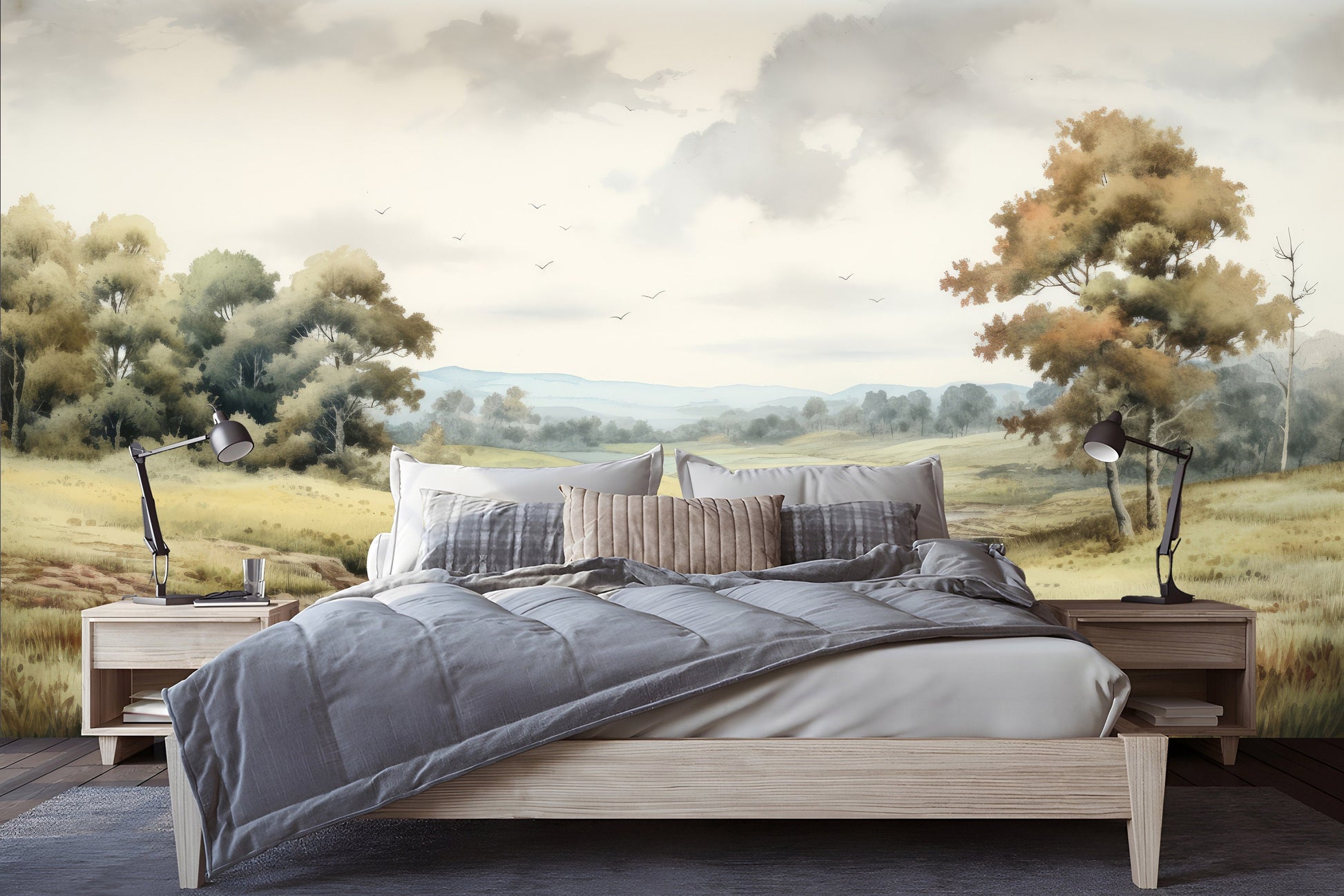 Watercolor Pine Tree Forest Wallpaper – scale reference, Golden Era Walls