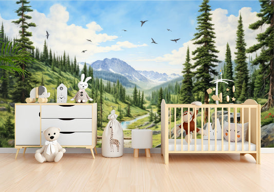 Pine Tree Forest Watercolor Wallpaper – room setting, Golden Era Walls