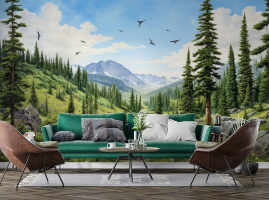 Pine Tree Forest Watercolor Wallpaper – peel and stick wallpaper mural, Golden Era Walls