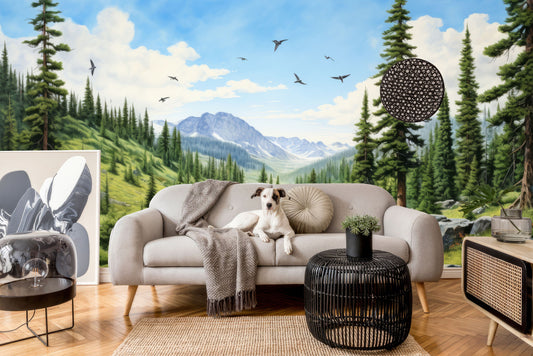 Pine Tree Forest Watercolor Wallpaper – detail view, Golden Era Walls
