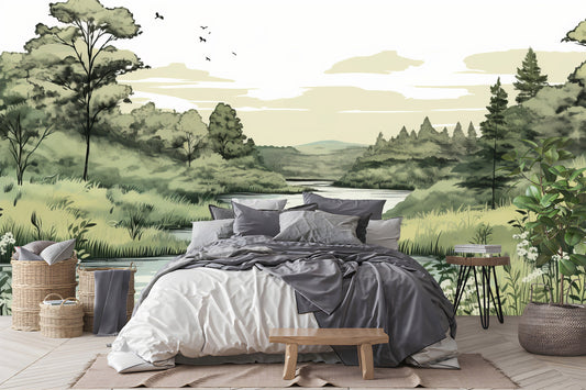 Vintage Forest Self Adhesive Wallpaper – lifestyle view, Golden Era Walls