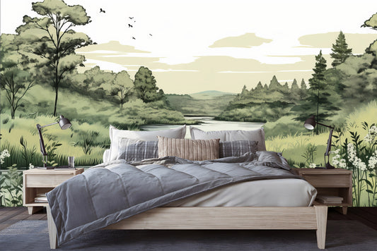 Vintage Forest Self Adhesive Wallpaper – room setting, Golden Era Walls