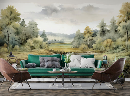 Vintage Landscape Foggy Forest Wallpaper – detail view, Golden Era Walls