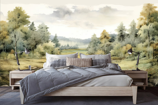 Vintage Landscape Foggy Forest Wallpaper – peel and stick wallpaper mural, Golden Era Walls