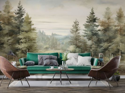 Vintage Landscape Roll Forest Wallpaper – room setting, Golden Era Walls