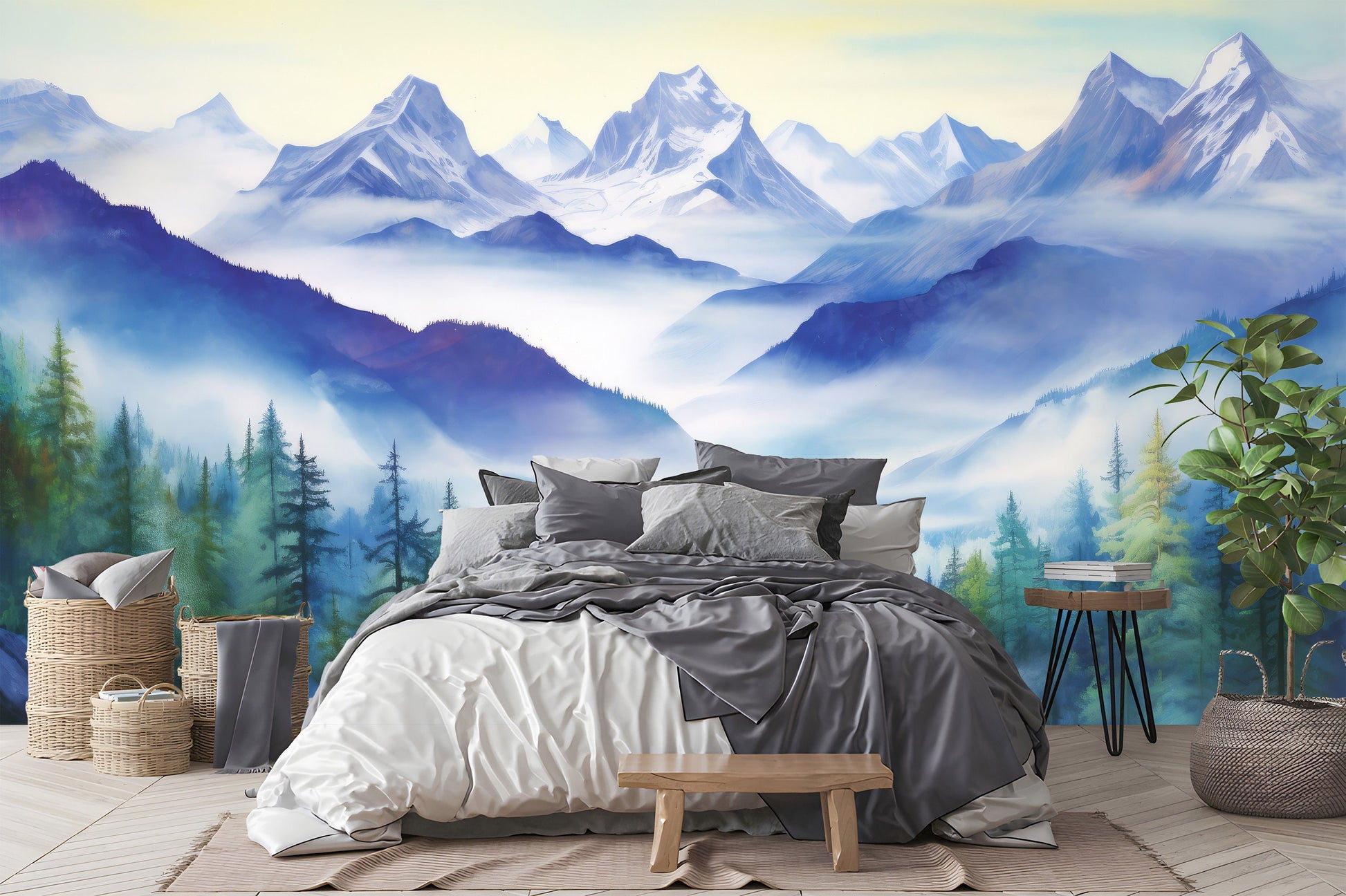 Watercolor Foggy Forest Mountain Wallpaper – peel and stick wallpaper mural, Golden Era Walls