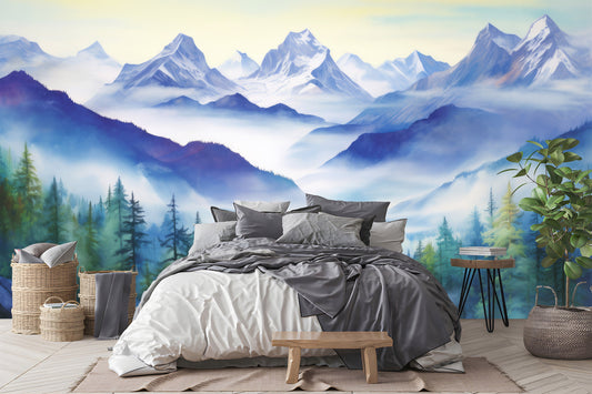 Watercolor Foggy Forest Mountain Wallpaper – peel and stick wallpaper mural, Golden Era Walls