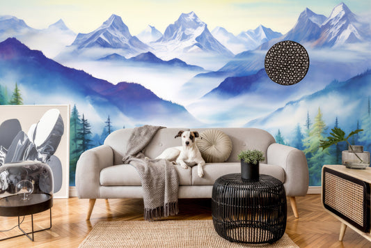 Watercolor Foggy Forest Mountain Wallpaper – lifestyle view, Golden Era Walls