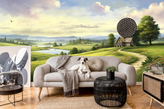 Watercolor Forest Decal Custom Wallpaper – lifestyle view, Golden Era Walls