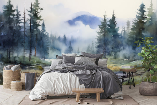 Watercolor Pine Tree Forest Wallpaper – lifestyle view, Golden Era Walls