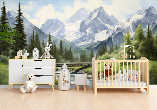 Woodland Forest Watercolor Decor Wallpaper – room setting, Golden Era Walls