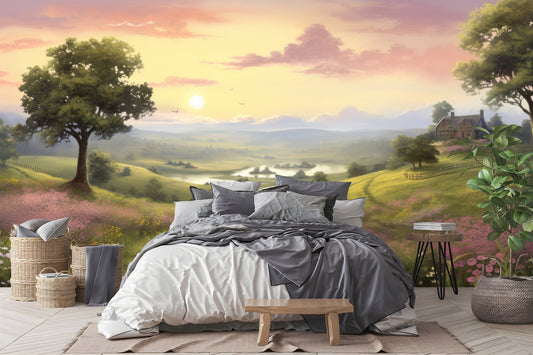 Woodland Watercolor Self Adhesive Wallpaper – room setting, Golden Era Walls