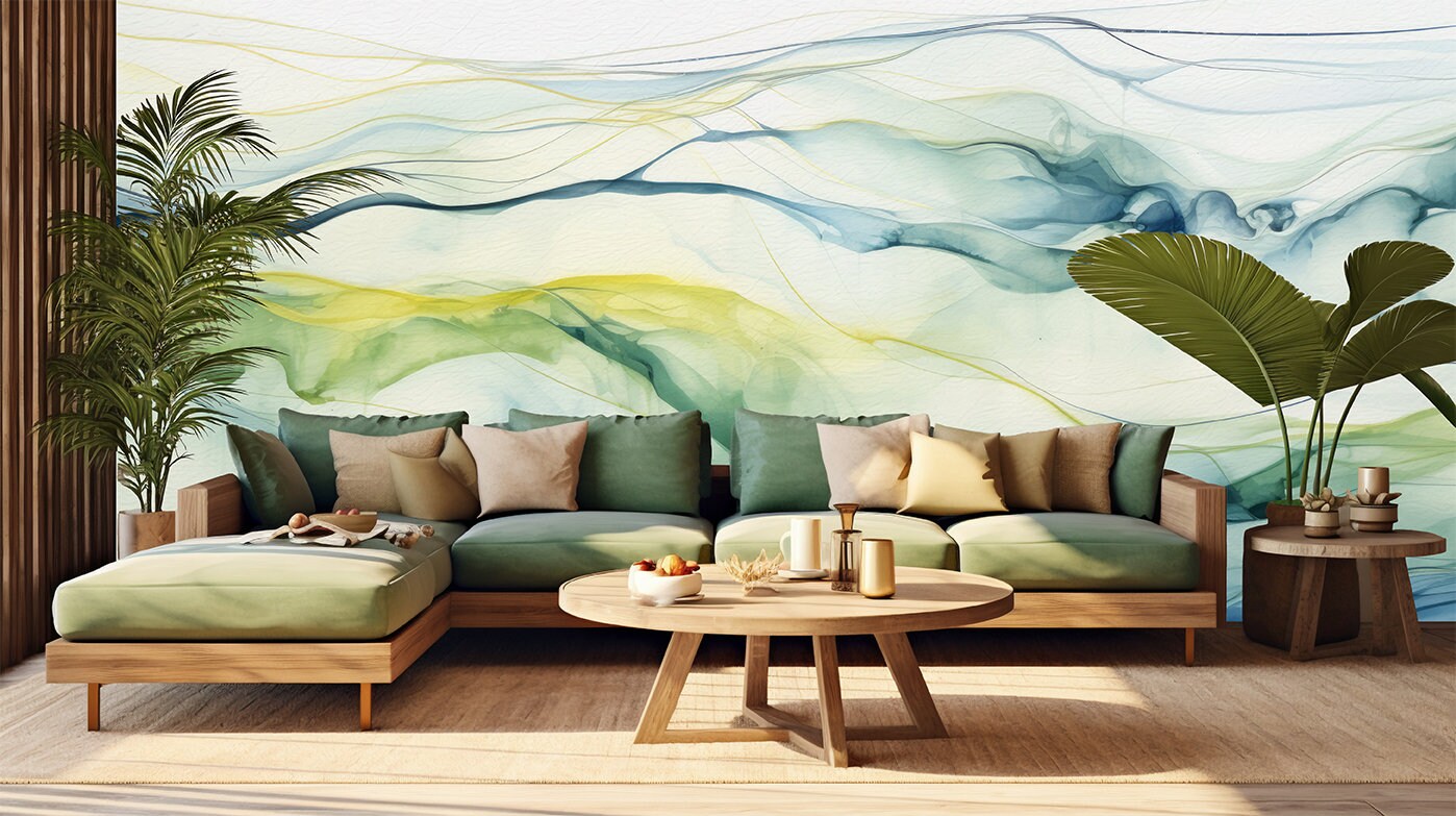 Abstract Alcohol Ink Artwork Marble Wallpaper – room setting, Golden Era Walls