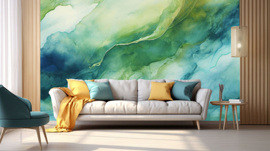 Colorful Alcohol Ink Abstract Geometric Wallpaper – room setting, Golden Era Walls