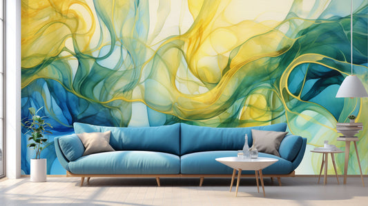 Watercolor Abstract Blue Green Marble Wallpaper – room setting, Golden Era Walls