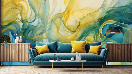 Watercolor Abstract Blue Green Marble Wallpaper – peel and stick wallpaper mural, Golden Era Walls